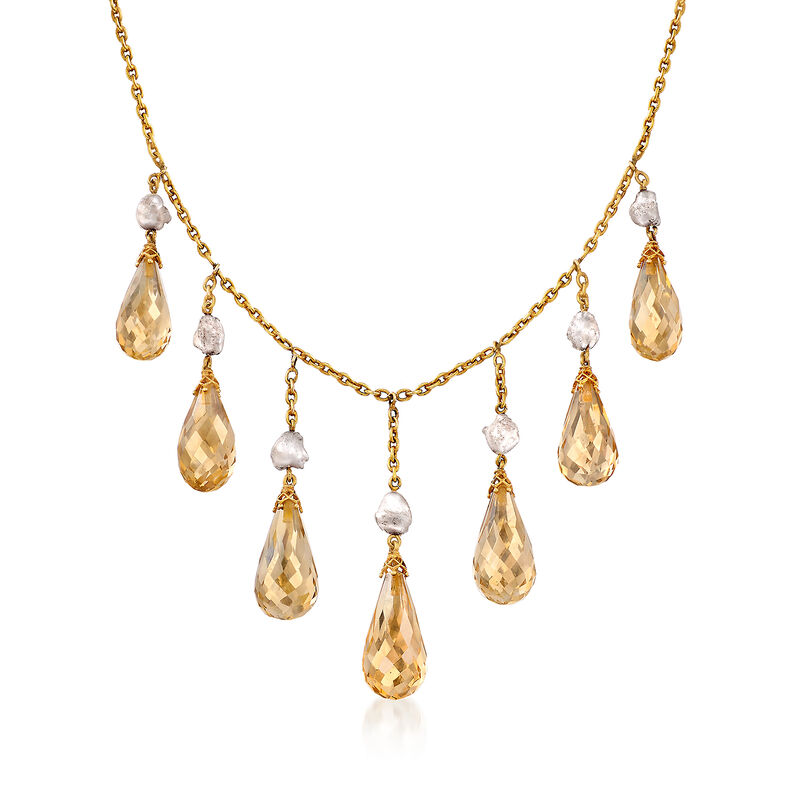 C. 1960 Vintage 28.00 ct. t.w. Briolette Citrine and 7mm Gray Cultured Baroque Pearl Necklace in 14kt Yellow Gold image number 0