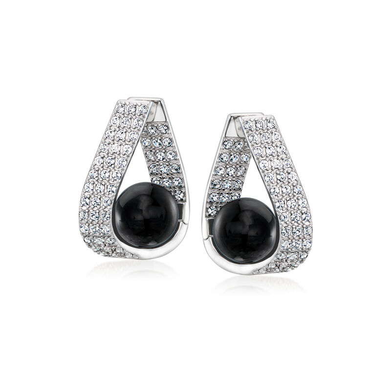 Black Agate and 1.50 ct. t.w. White Topaz Twisted Hoop Earrings in Sterling Silver. 7/8&quot; image number 2
