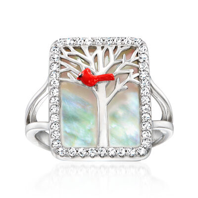 Mother-of-Pearl and .40 ct. t.w. White Topaz Cardinal Ring with Multicolored Enamel in Sterling Silver