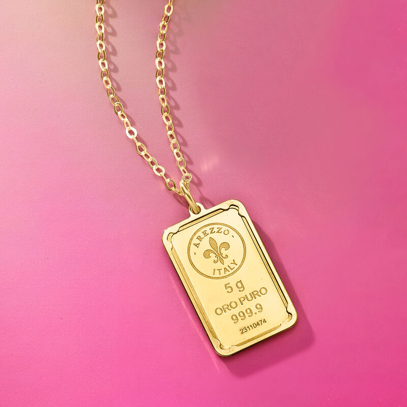 Italian 24kt Yellow Gold Fleur-De-Lis Five-Gram Ingot Pendant Necklace with 14kt Gold Frame image number 5