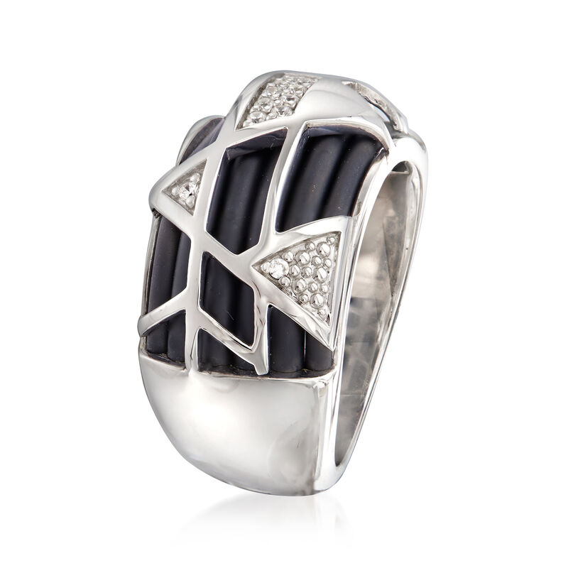 Belle Etoile &quot;Trilogy&quot; Black Rubber Ring with CZ Accents in Sterling Silver image number 2