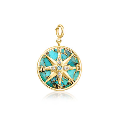 Turquoise and White Topaz Compass Charm with Single Swiss Blue Topaz in 18kt Gold Over Sterling