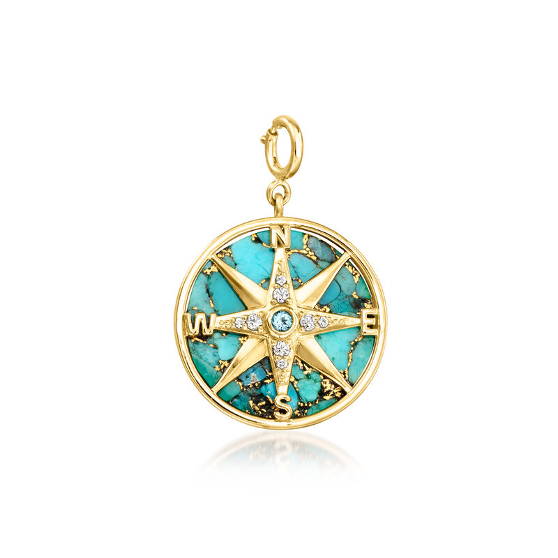 Turquoise and White Topaz Compass Charm with Single Swiss Blue Topaz in 18kt Gold Over Sterling image number 1