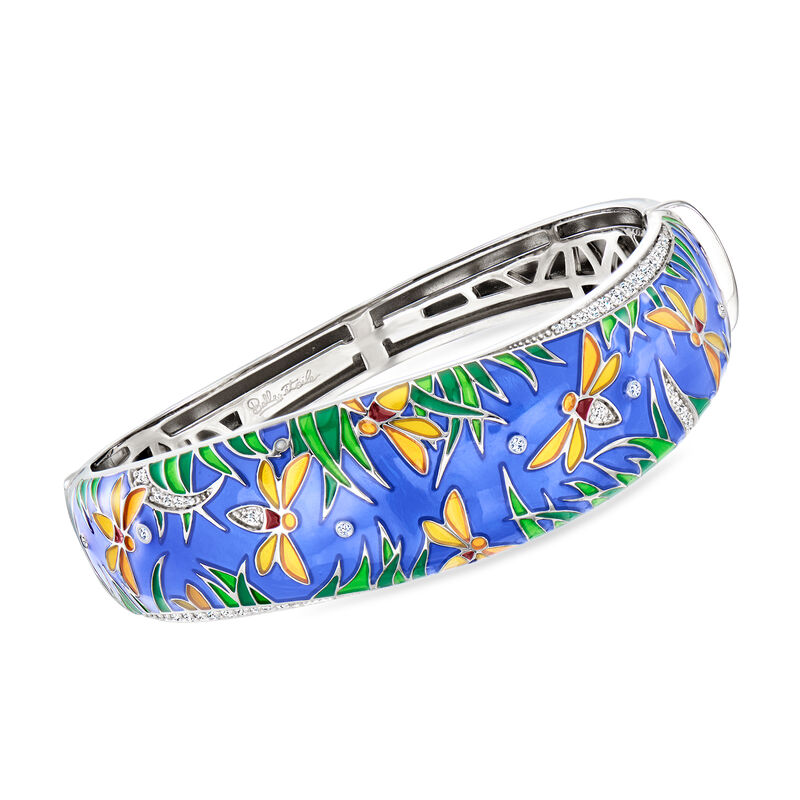 Belle Etoile &quot;Fireflies&quot; Multicolored Enamel and .40 ct. t.w. CZ Bangle Bracelet in Sterling Silver. 7.5&quot; image number 0