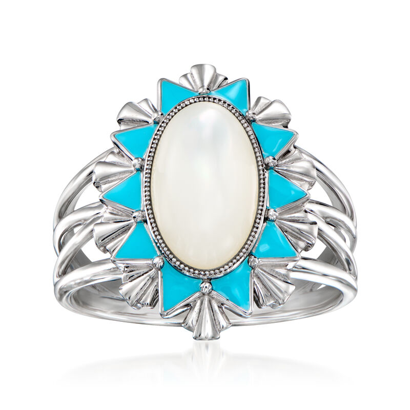 Mother-of-Pearl Ring with Blue Enamel in Sterling Silver image number 0