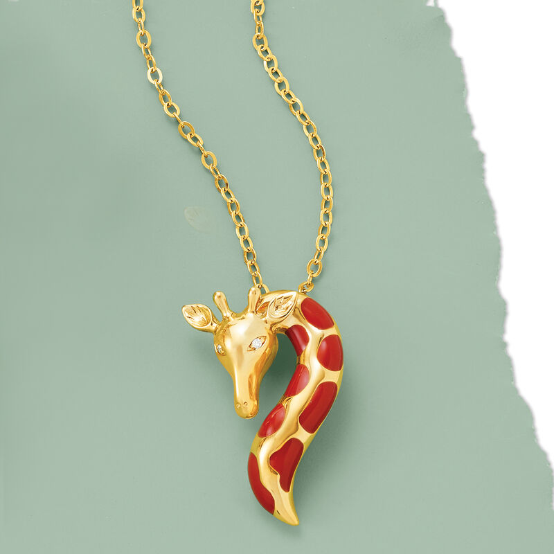 Orange Enamel Giraffe Pendant Necklace with Diamond Accents in 18kt Gold Over Sterling image number 2