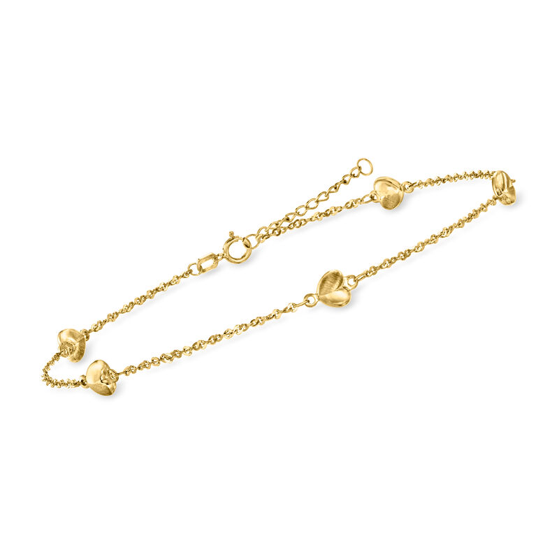 14kt Yellow Gold Heart Station Anklet. 9&quot; image number 2