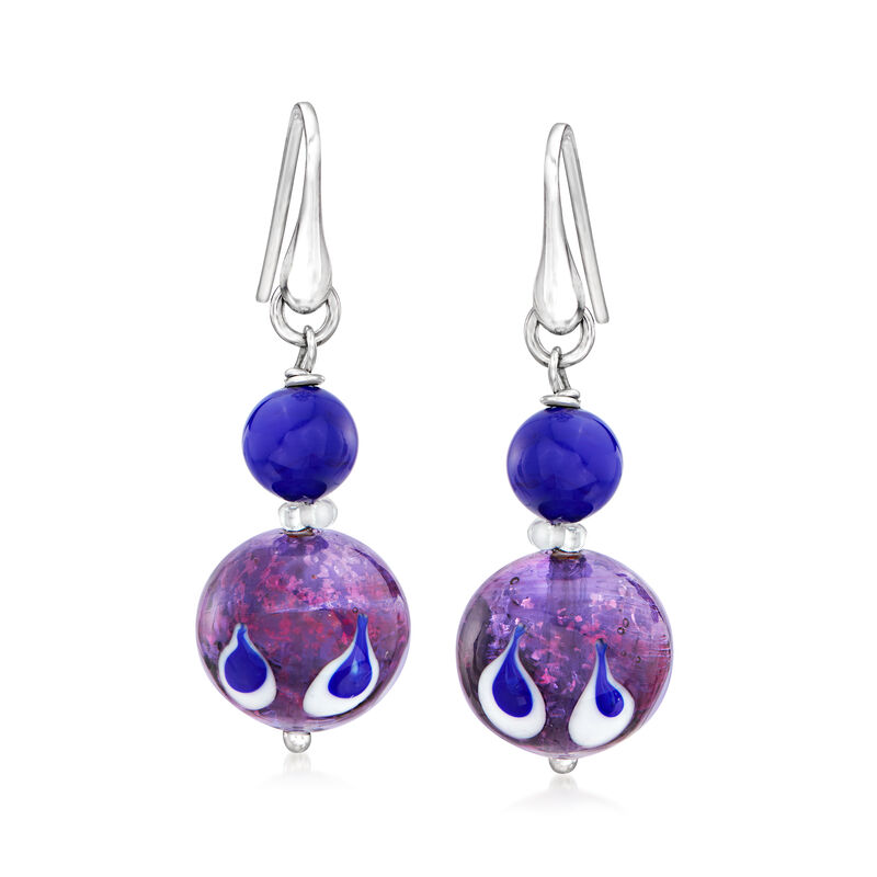 Italian Blue and Purple Murano Glass Bead Drop Earrings in Sterling Silver image number 0
