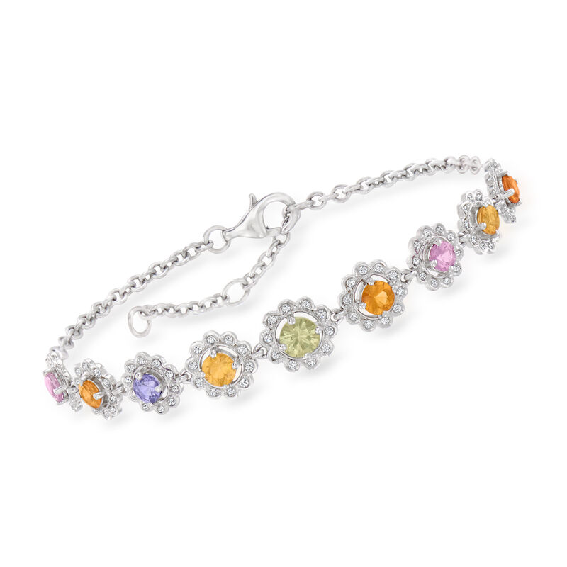 1.70 ct. t.w. Multicolored Sapphire and .36 ct. t.w. Diamond Flower Bracelet in 18kt White Gold. 6" image number 0
