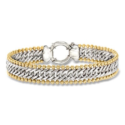 Sterling Silver and 18kt Gold Over Sterling Cuban-Link and Bead Bracelet