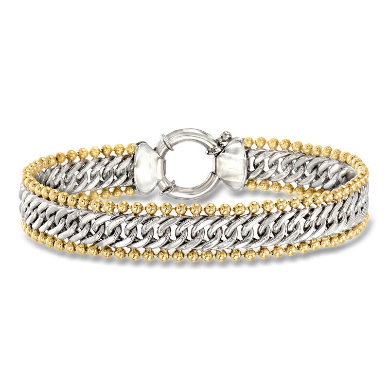 Sterling Silver and 18kt Gold Over Sterling Cuban-Link and Bead Bracelet image number 0