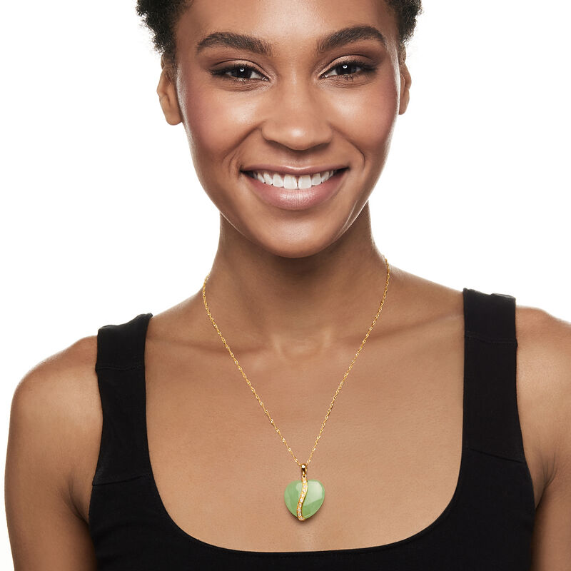 Jade Heart Pendant Necklace with .37 ct. t.w. White Sapphires in 18kt Gold Over Sterling  image number 1