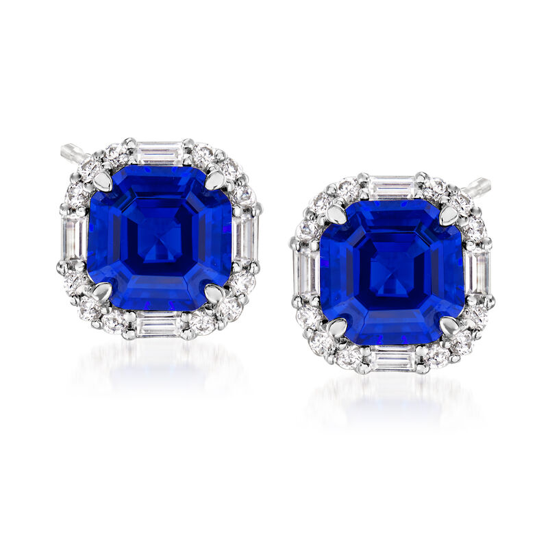 6.00 ct. t.w. Simulated Sapphire and .90 ct. t.w. CZ Earrings in Sterling Silver image number 0