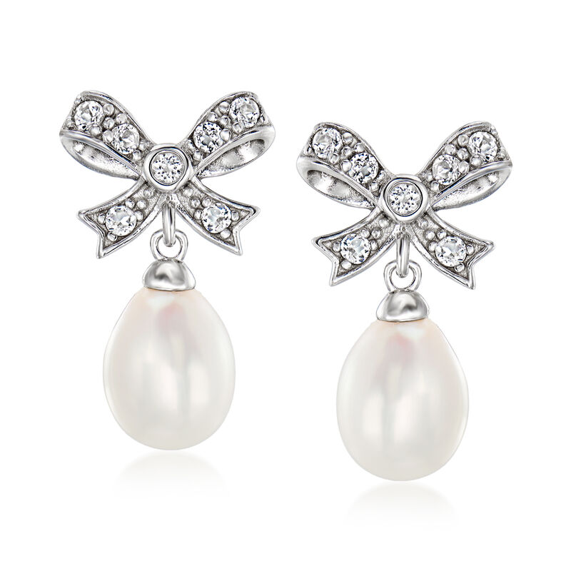 8-9mm Cultured Pearl and .30 ct. t.w. White Topaz Bow Drop Earrings in Sterling Silver image number 0