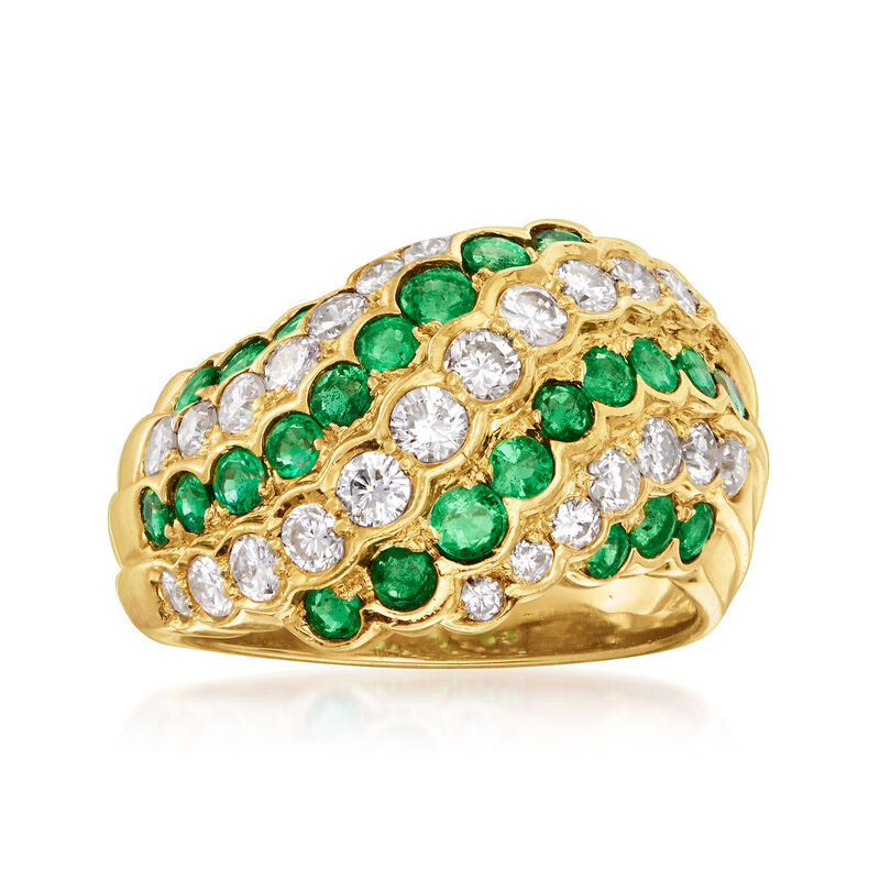 C. 1980 Vintage 1.05 ct. t.w. Diamond and 1.04 ct. t.w. Emerald Swirl Ring in 18kt Yellow Gold image number 0