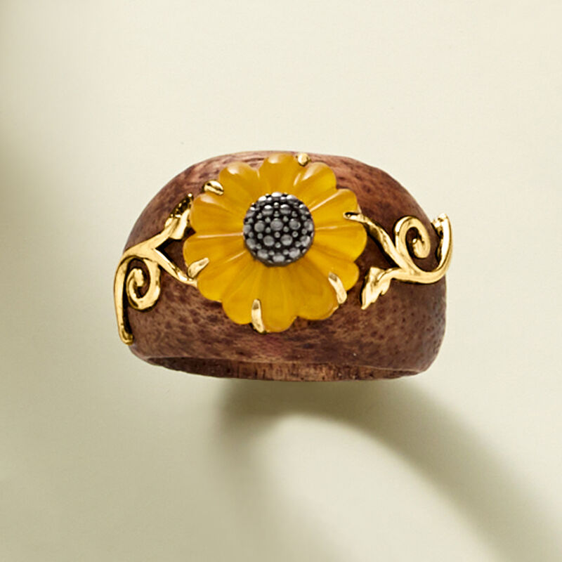 Wooden Sunflower Ring with Yellow Chalcedony and 18kt Gold Over Sterling image number 3