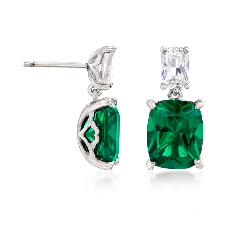8.50 ct. t.w. Simulated Emerald and 1.10 ct. t.w. CZ Drop Earrings in Sterling Silver image number 2