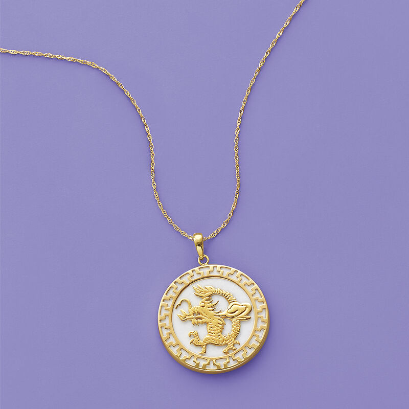 White Agate Dragon Pendant Necklace in 14kt Yellow Gold  image number 3