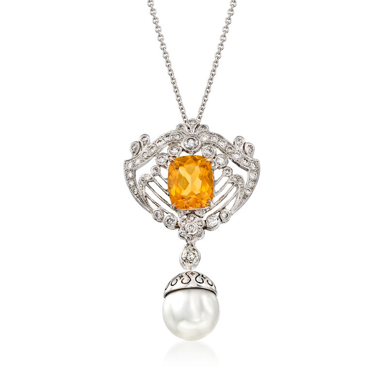 C. 2000 Vintage 2.45 Carat Citrine and 9.5mm Cultured Pearl Drop Necklace with .70 ct. t.w. Diamonds in 18kt White Gold. 16&quot; image number 1