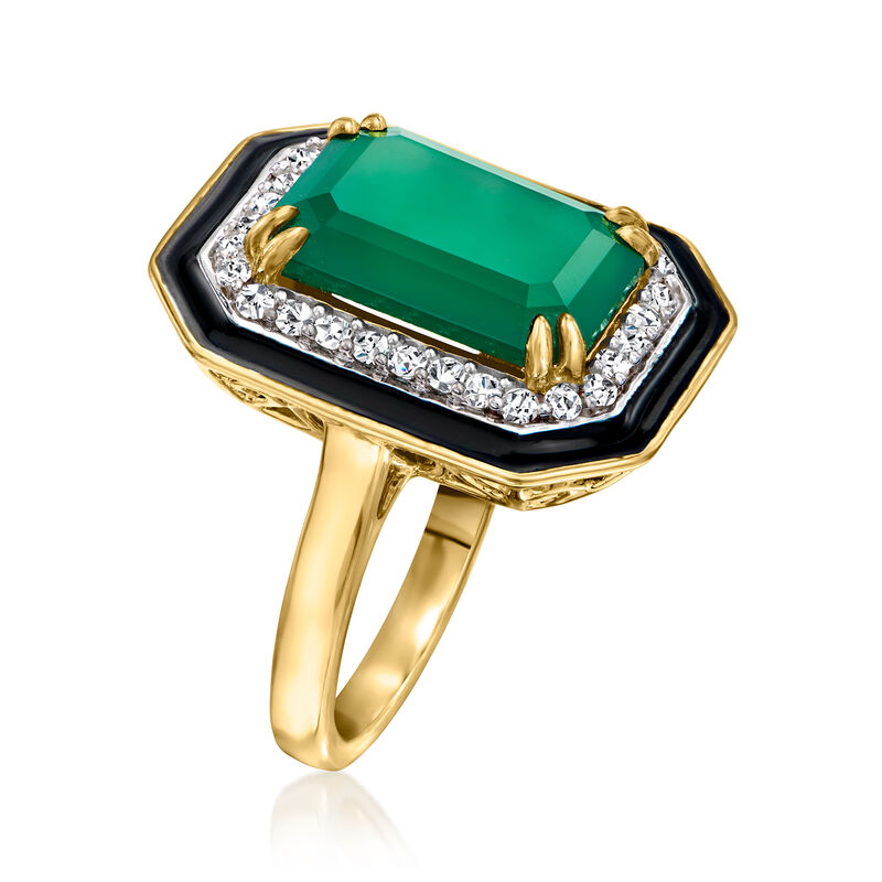 Green Chalcedony and .60 ct. t.w. White Topaz Ring with Black Enamel in 18kt Gold Over Sterling image number 2