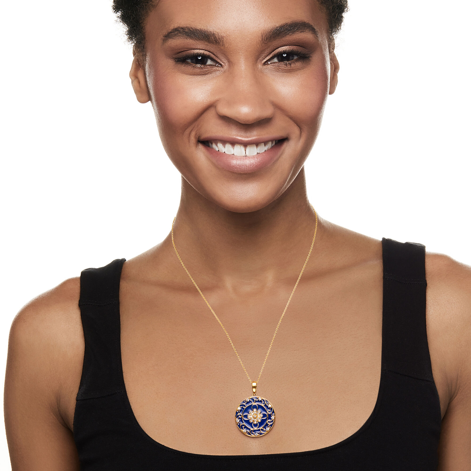 50 ct. t.w. White Zircon and Blue Enamel Floral Medallion Pendant Necklace in 18kt Gold Over Sterling