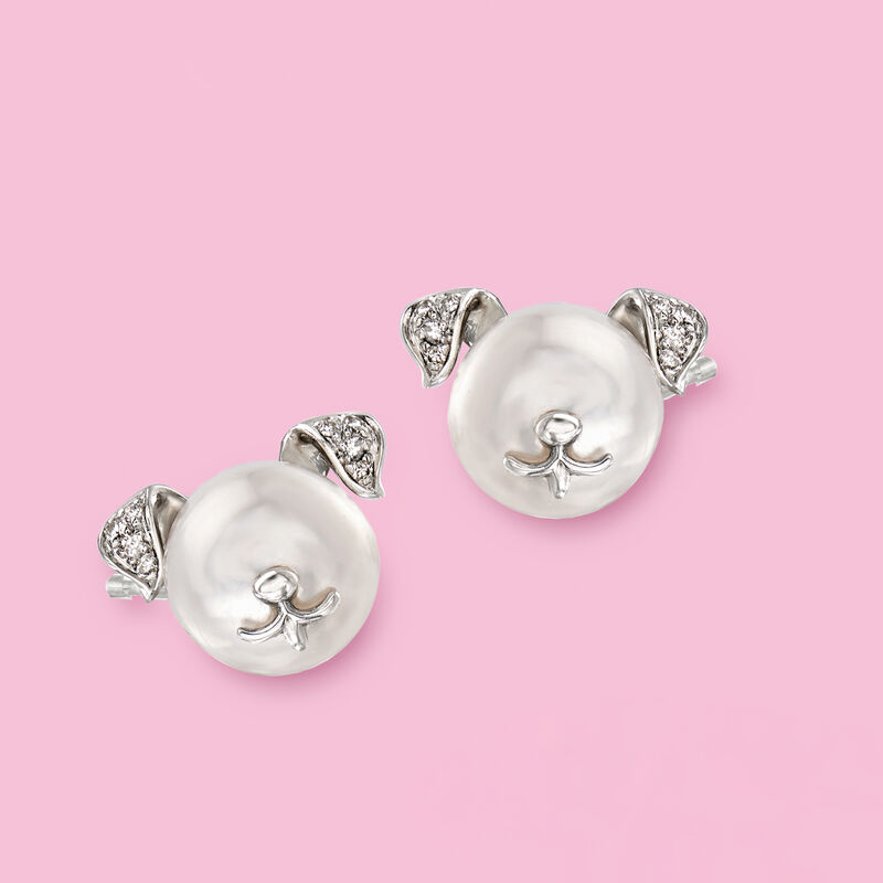 8-8.5mm Cultured Pearl Dog Earrings with Diamonds in Sterling Silver image number 2