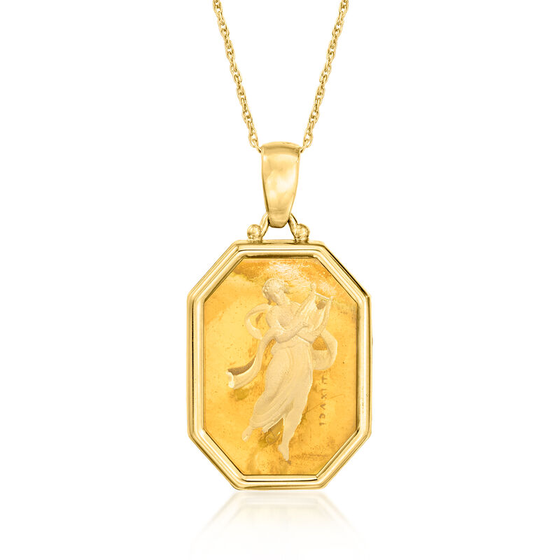 C. 2000 Vintage 5.50 Carat Simulated Citrine Intaglio Pendant Necklace in 14kt Yellow Gold. 18" image number 0