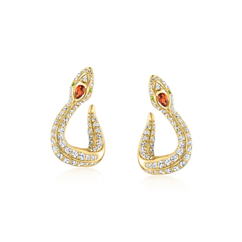.70 ct. t.w. White Topaz and .10 ct. t.w. Garnet Snake Drop Earrings with Chrome Diopside in 18kt Gold Over Sterling  image number 0
