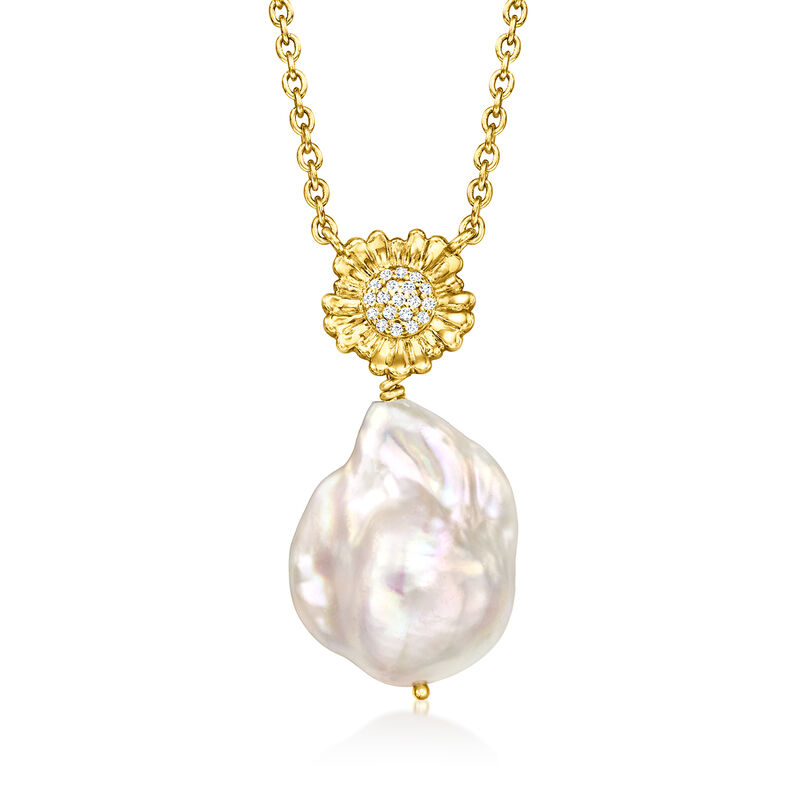 12-17mm Cultured Baroque Pearl and .10 ct. t.w. White Topaz Flower Necklace in 18kt Gold Over Sterling. 18&quot; image number 1