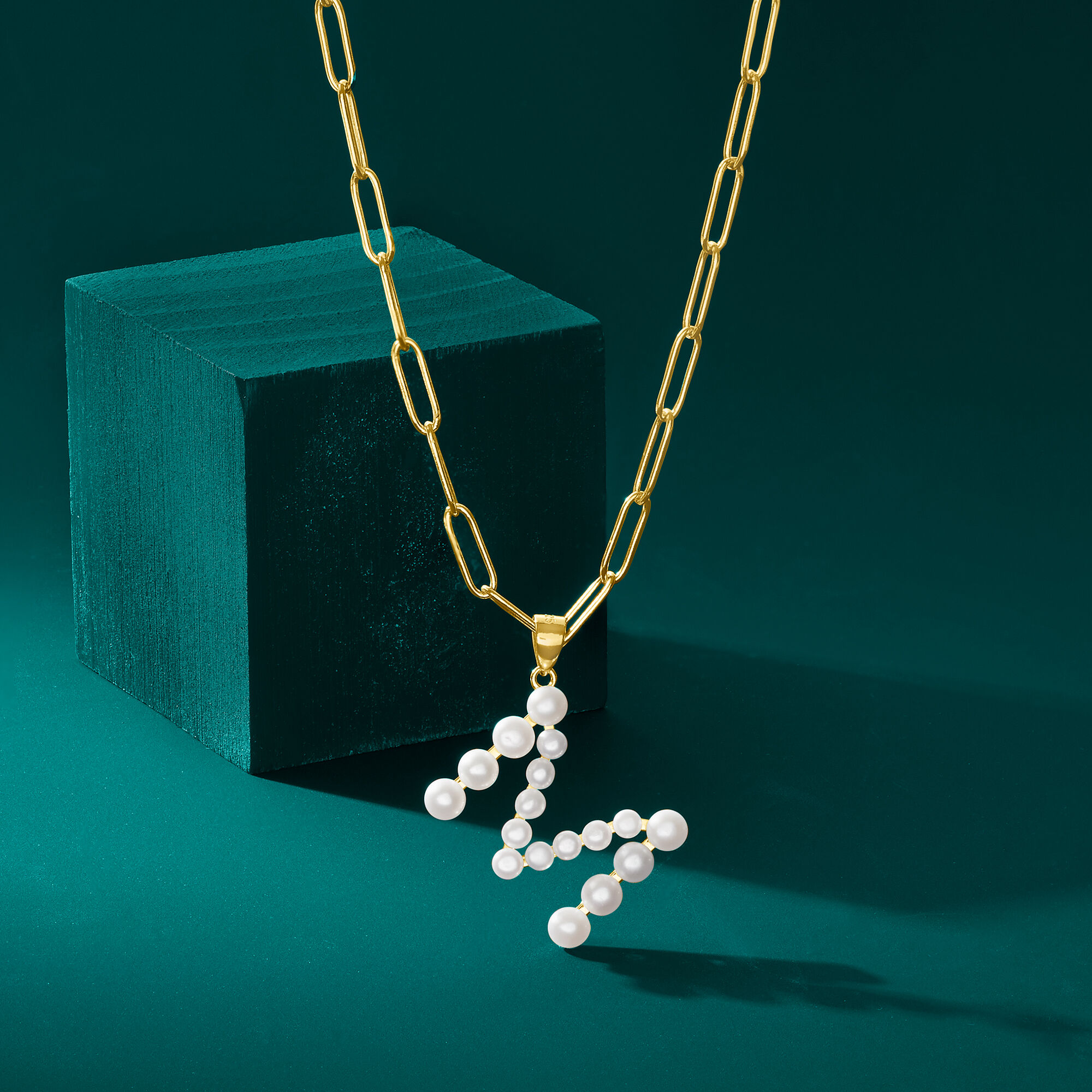 Cultured Pearl Initial Pendant Paper Clip Link Necklace in