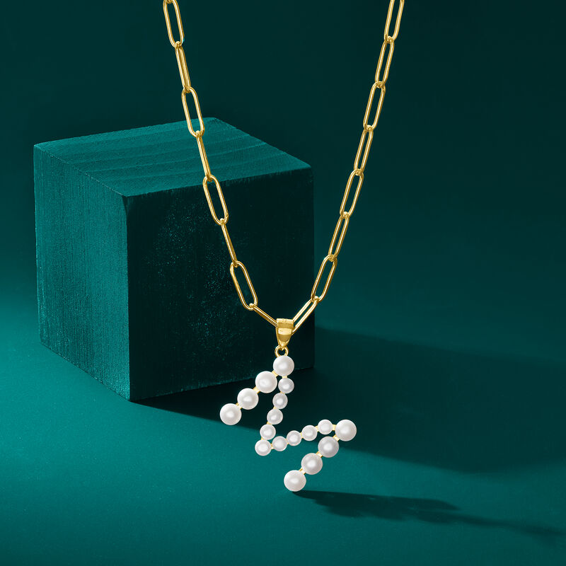Cultured Pearl Initial Pendant Paper Clip Link Necklace in 18kt Gold Over Sterling image number 2