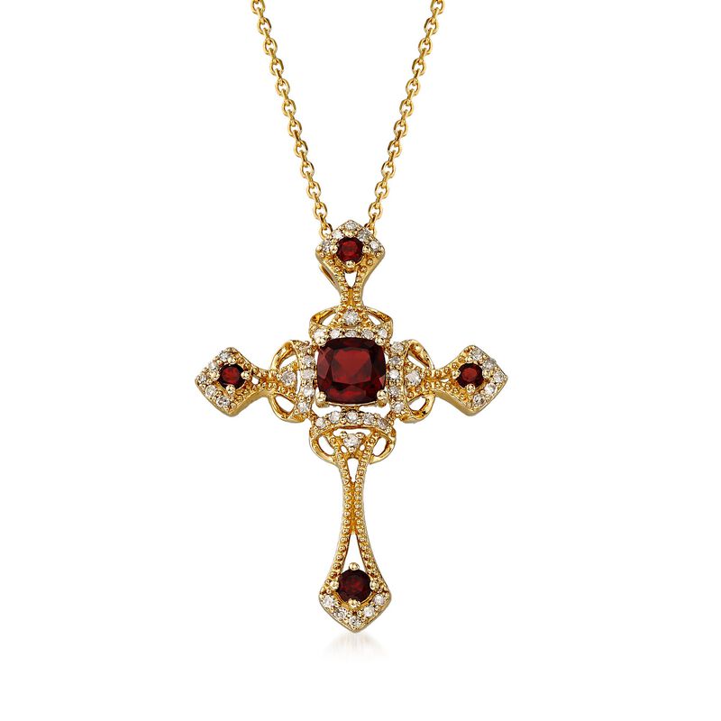 1.00 ct. t.w. Garnet and .19 ct. t.w. Diamond Cross Pendant Necklace in 14kt Yellow Gold image number 0