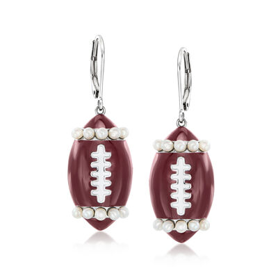 2-2.5mm Cultured Pearl Football Drop Earrings with Brown and White Enamel in Sterling Silver