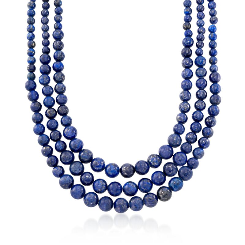 4-10mm Lapis Bead Graduated Three-Strand Necklace with Sterling Silver. 16&quot; image number 1