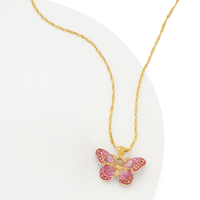Italian Pink Enamel Butterfly Pendant Necklace in 18kt Yellow Gold image number 2