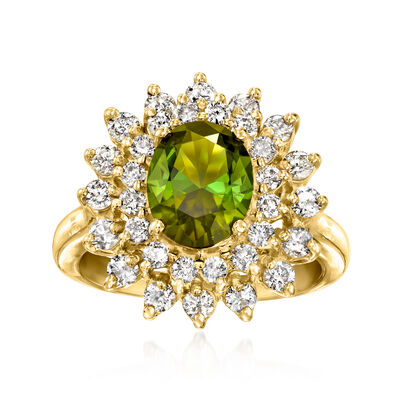 C. 1980 Vintage 1.95 Carat Green Tourmaline Ring with 1.15 ct. t.w. Diamonds in 14kt Yellow Gold