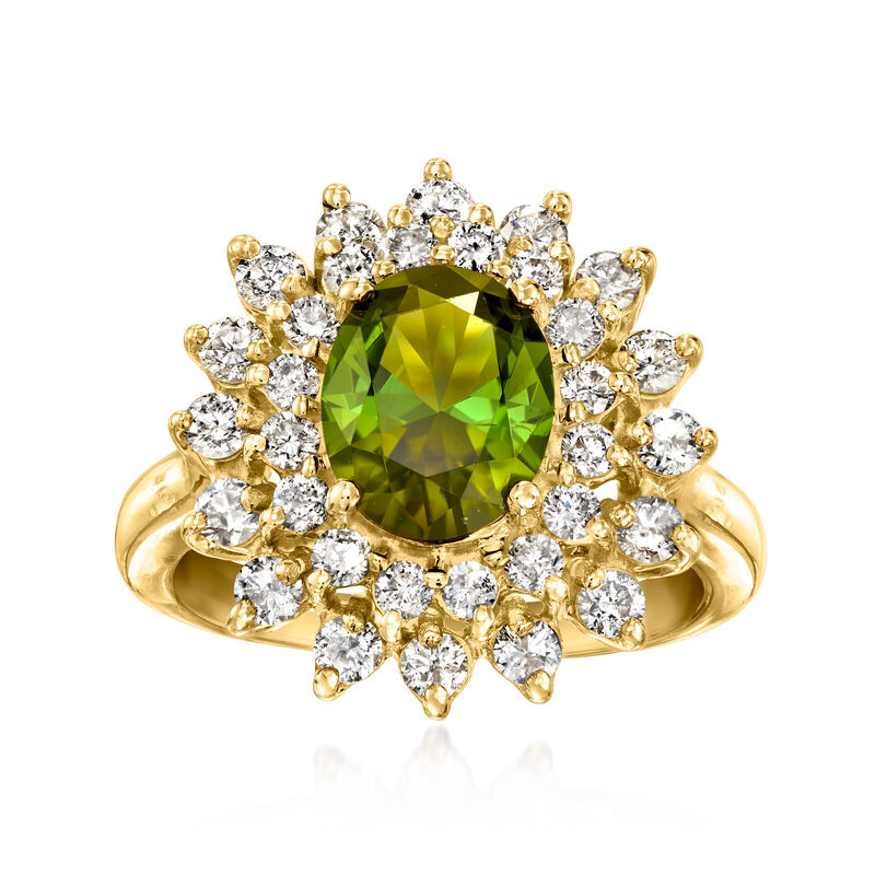 C. 1980 Vintage 1.95 Carat Green Tourmaline Ring with 1.15 ct. t.w. Diamonds in 14kt Yellow Gold. Size 6.5 image number 0