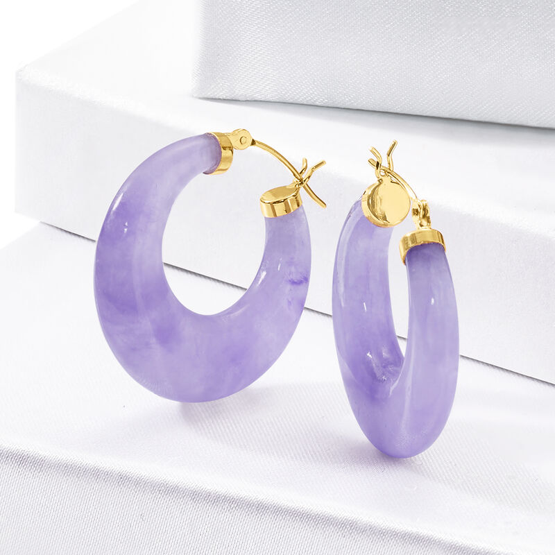 Lavender Jade Hoop Earrings with 14kt Yellow Gold. 1 1/8&quot; image number 3