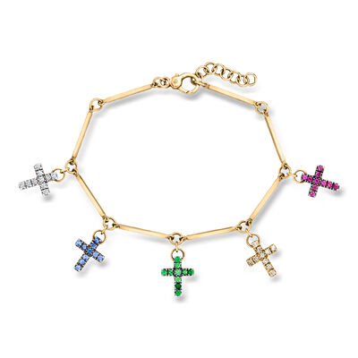 C. 1990 Vintage .98 ct. t.w. Multi-Gemstone and .56 ct. t.w. Diamond Cross Charm Bracelet in 18kt Yellow Gold