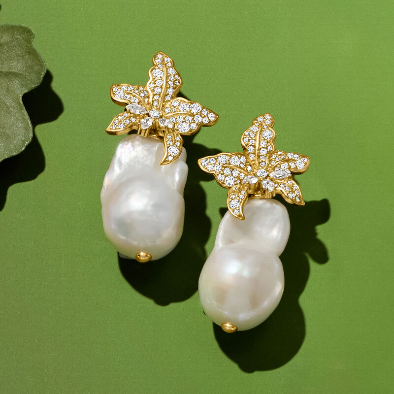 Italian 13-18mm Cultured Baroque Pearl and 1.80 ct. t.w. CZ Flower Earrings in 18kt Gold Over Sterling  image number 5