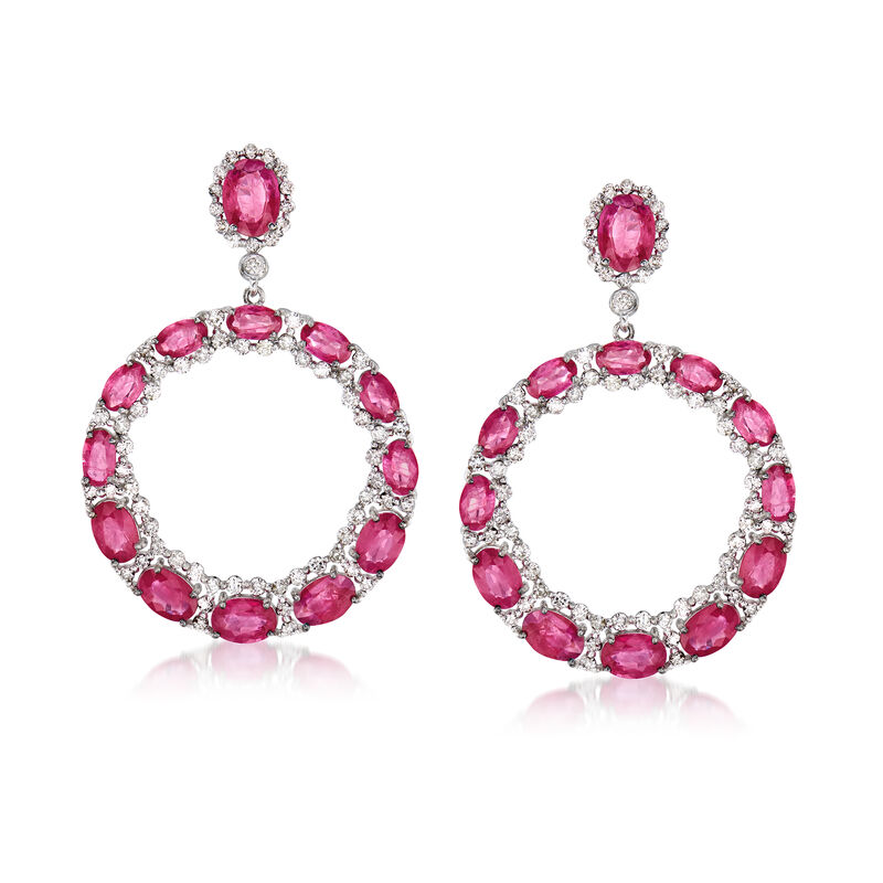 10.75 ct. t.w. Ruby and 1.80 ct. t.w. Diamond Circle Drop Earrings in 18kt White Gold image number 0