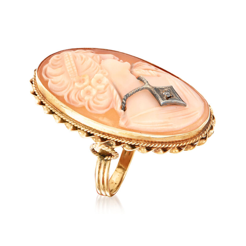 C. 1960 Vintage Pink Shell Cameo Ring with Diamond Accent in 14kt Yellow Gold. Size 7.5 image number 2