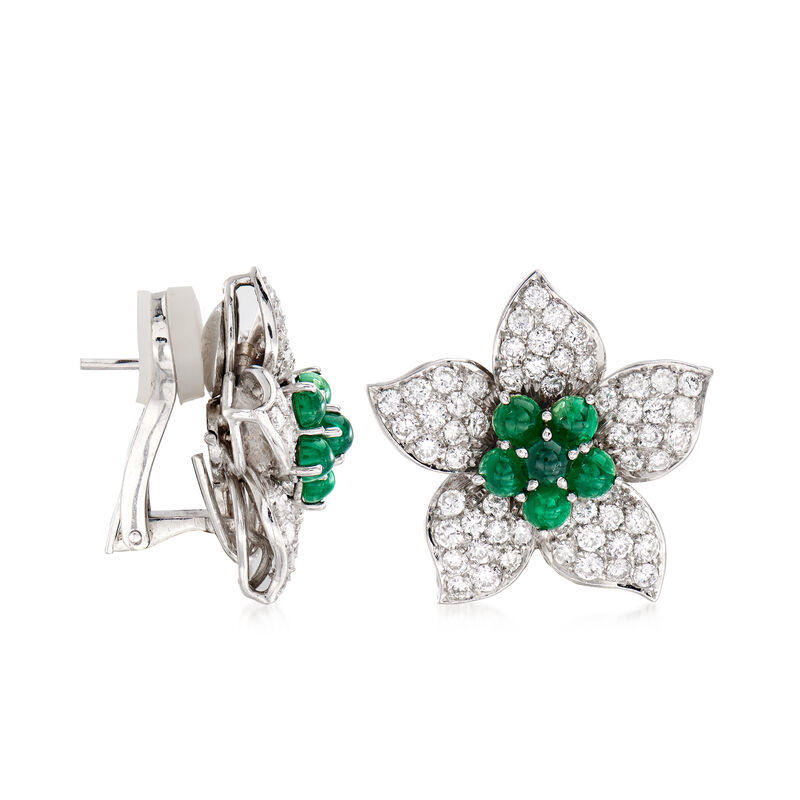 C. 1980 Vintage 4.40 ct. t.w. Diamond and 2.40 ct. t.w. Emerald Flower Earrings in 18kt White Gold image number 2