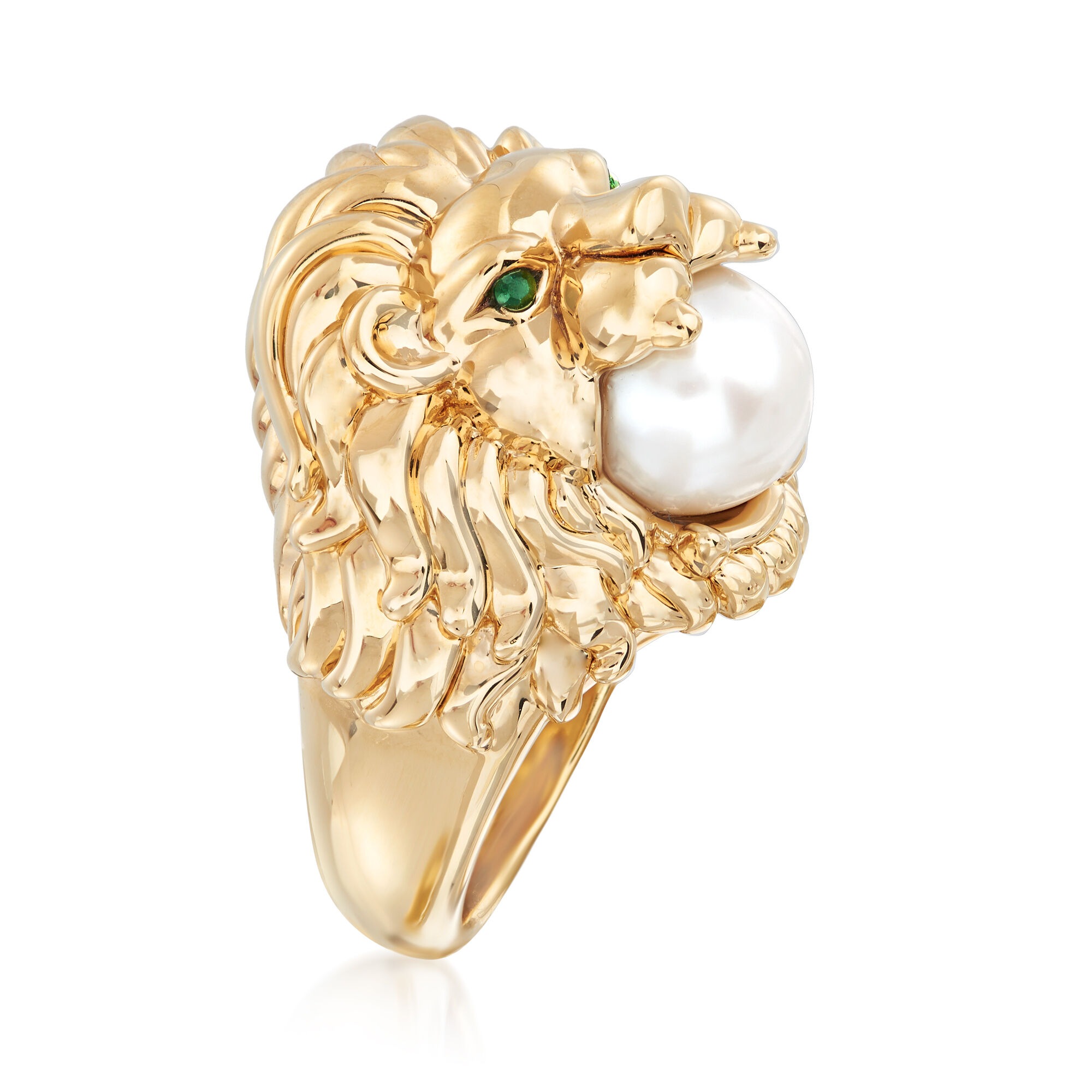 9-9.5mm Cultured Pearl Lion Head Ring with Emerald Accents in 14kt