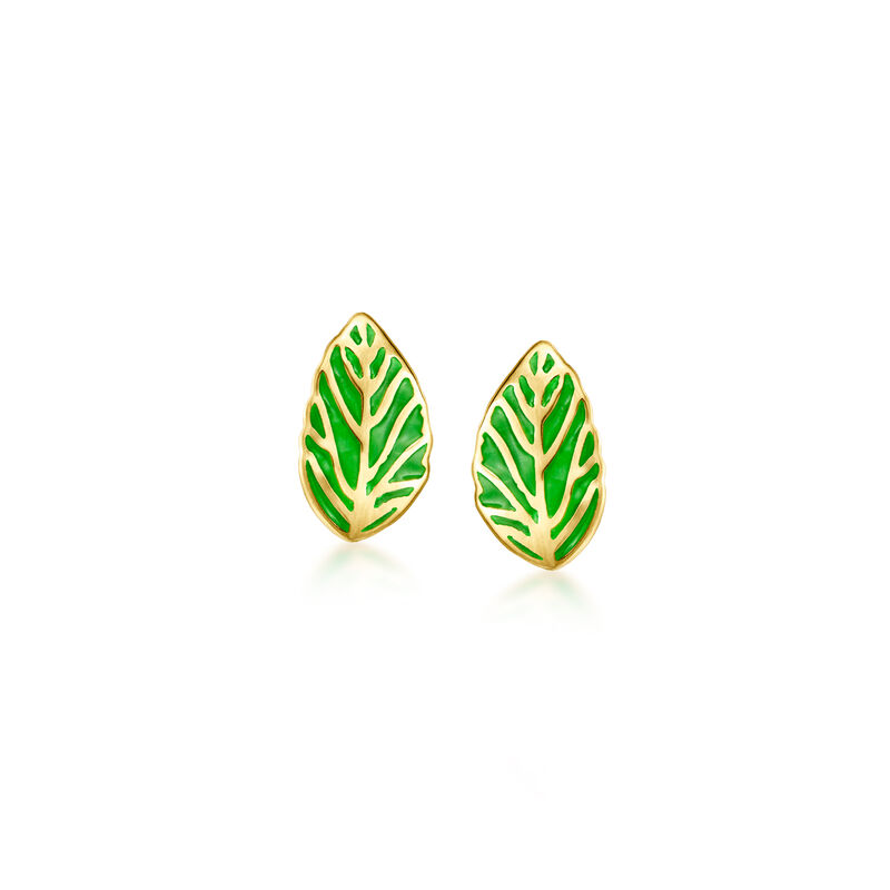 Green Enamel Leaf Earrings with Removable .90 ct. t.w. Emerald Drops in 18kt Gold Over Sterling  image number 3