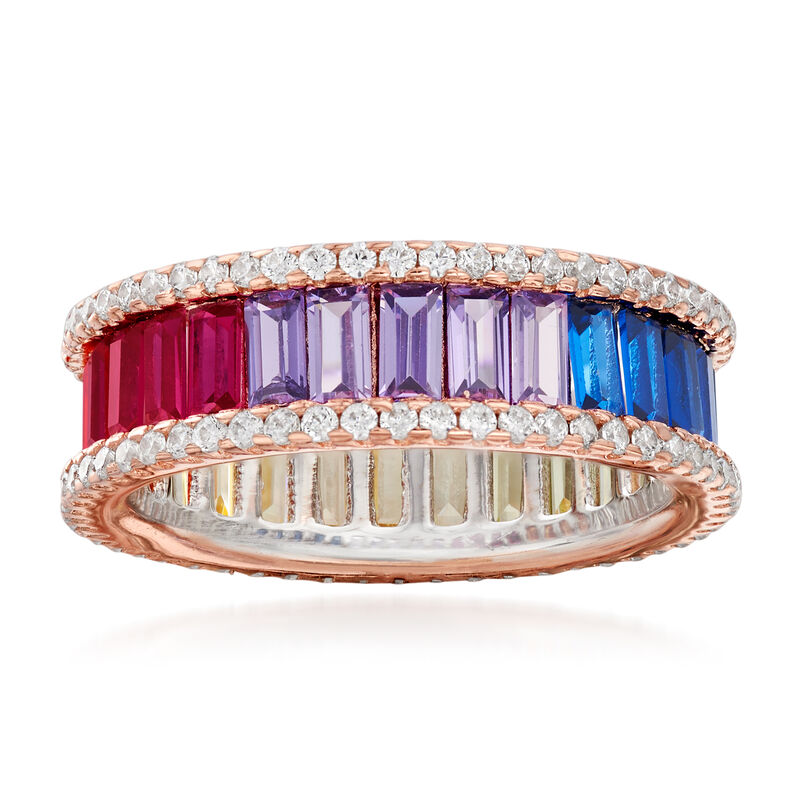 Simulated Sapphire and .80 ct. t.w. CZ Rainbow Ring in 18kt Rose Gold Over Sterling image number 0