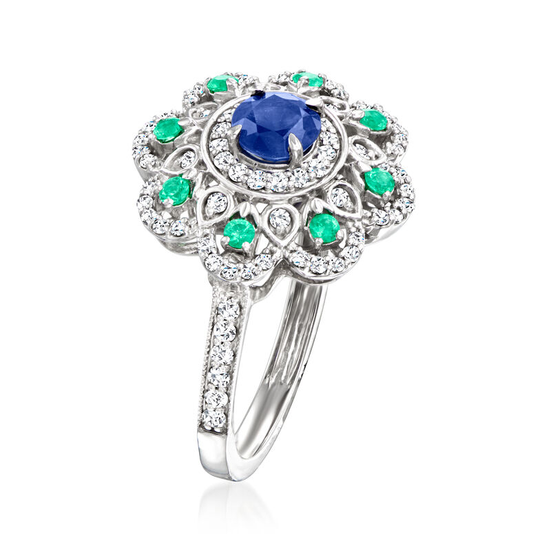 .60 Carat Sapphire, .10 ct. t.w. Emerald and .41 ct. t.w. Diamond Ring in Sterling Silver image number 2
