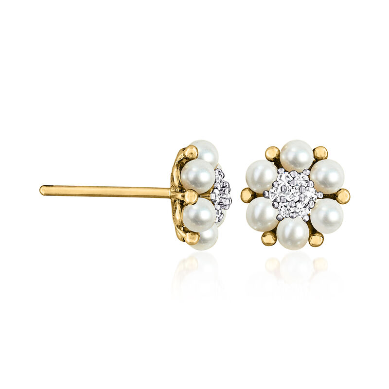 2.5-3mm Cultured Pearl and .11 ct. t.w. Diamond Flower Earrings in 14kt Yellow Gold  image number 1