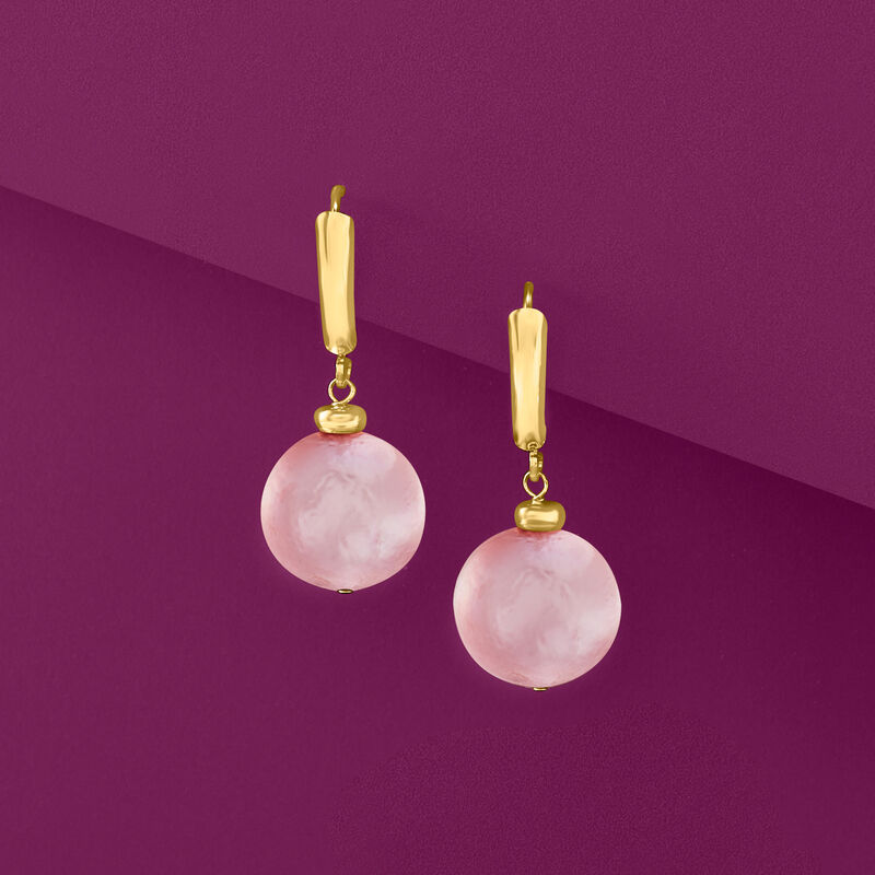 11.5-12.5mm Pink Cultured Pearl Drop Earrings in 14kt Yellow Gold image number 3