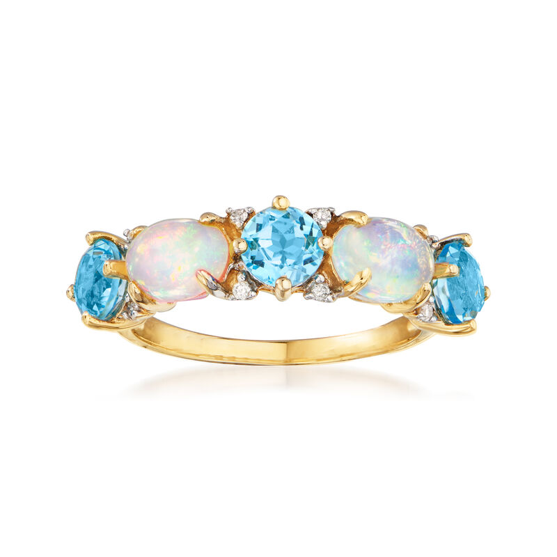Opal and 1.80 ct. t.w. Swiss Blue Topaz Ring with Diamond Accents in 14kt Yellow Gold image number 0